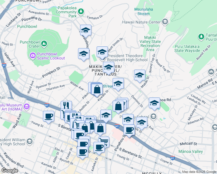 map of restaurants, bars, coffee shops, grocery stores, and more near 1702 Kewalo Street in Honolulu