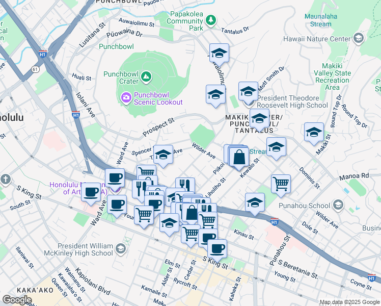 map of restaurants, bars, coffee shops, grocery stores, and more near 1589 Thurston Avenue in Honolulu