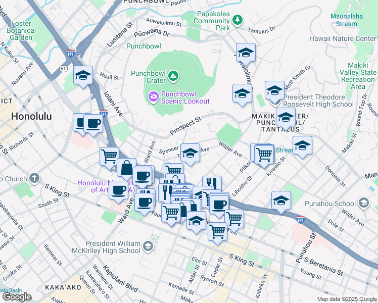 map of restaurants, bars, coffee shops, grocery stores, and more near 1011 Spencer Street in Honolulu