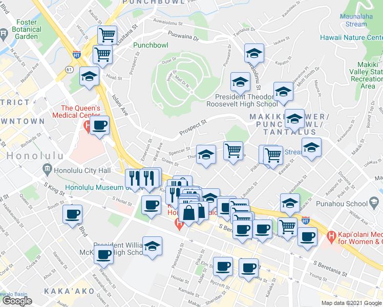 map of restaurants, bars, coffee shops, grocery stores, and more near 1011 Spencer Street in Honolulu