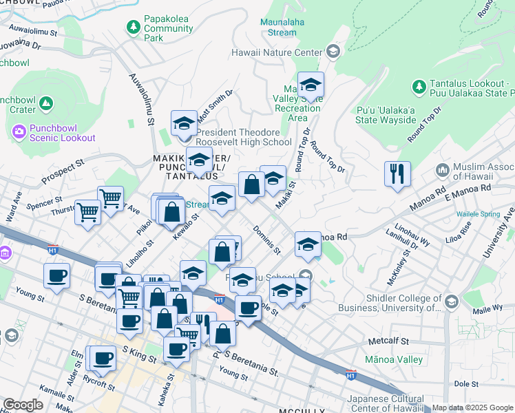 map of restaurants, bars, coffee shops, grocery stores, and more near 1419 Nehoa Street in Honolulu