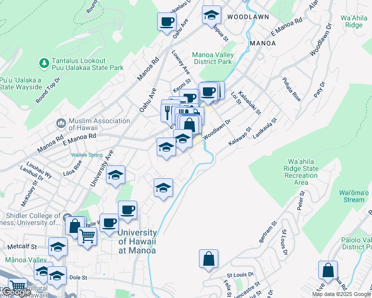 map of restaurants, bars, coffee shops, grocery stores, and more near 2716 Woodlawn Drive in Honolulu