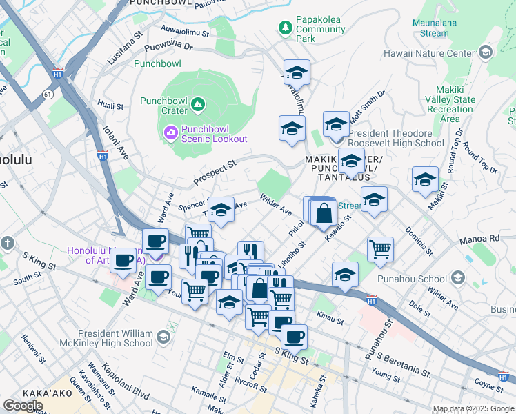 map of restaurants, bars, coffee shops, grocery stores, and more near 1589 Thurston Avenue in Honolulu