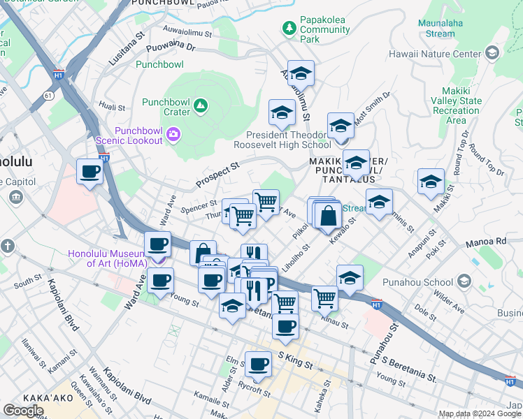 map of restaurants, bars, coffee shops, grocery stores, and more near 1084 Karratti Lane in Honolulu