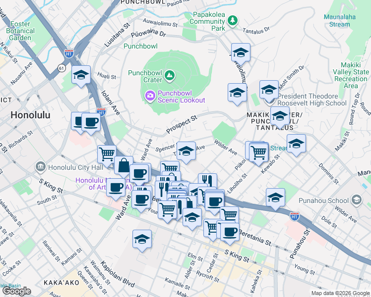 map of restaurants, bars, coffee shops, grocery stores, and more near 1518 Thurston Avenue in Honolulu