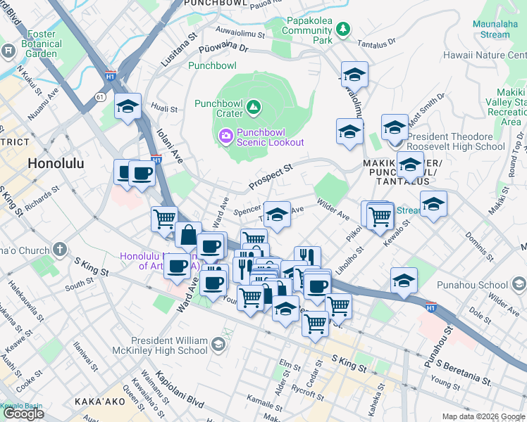 map of restaurants, bars, coffee shops, grocery stores, and more near 1510 Magazine Street in Honolulu