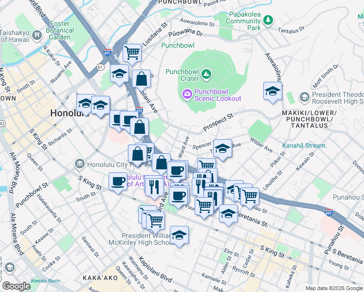 map of restaurants, bars, coffee shops, grocery stores, and more near 1440 Ward Ave in Honolulu