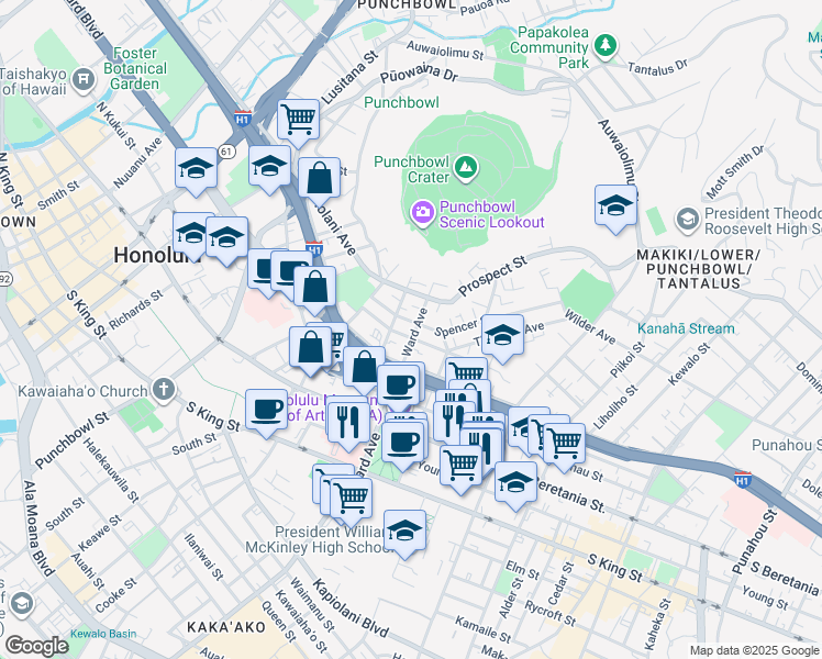 map of restaurants, bars, coffee shops, grocery stores, and more near 1440 Ward Avenue in Honolulu