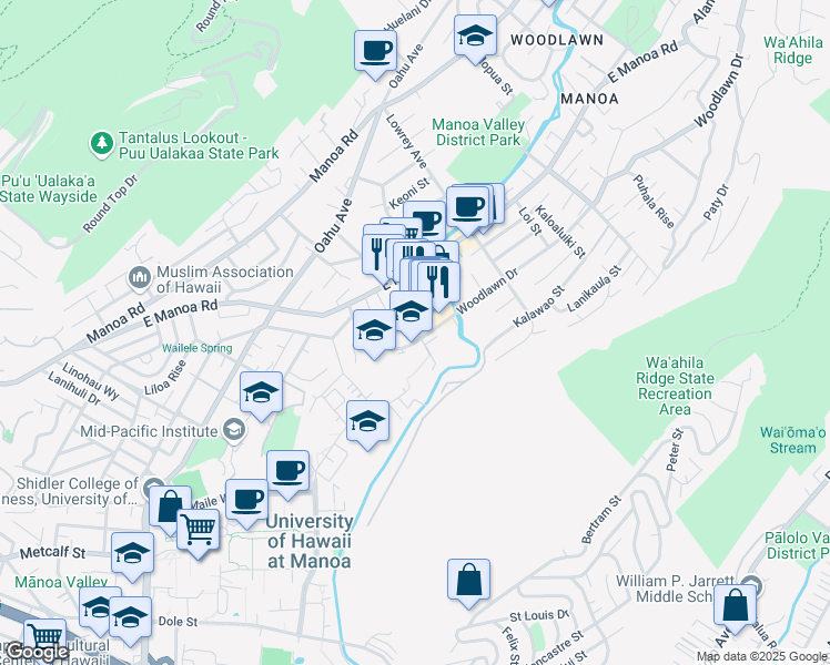 map of restaurants, bars, coffee shops, grocery stores, and more near 2716 Woodlawn Drive in Honolulu