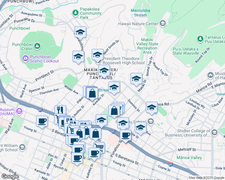 map of restaurants, bars, coffee shops, grocery stores, and more near 1702 Kewalo Street in Honolulu