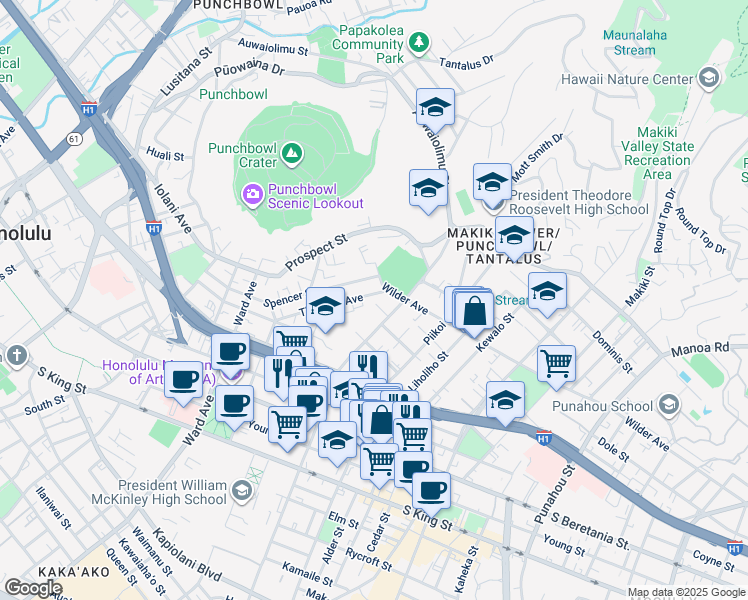 map of restaurants, bars, coffee shops, grocery stores, and more near 1589 Thurston Avenue in Honolulu