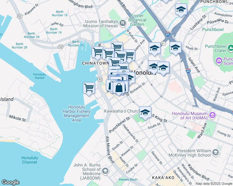 map of restaurants, bars, coffee shops, grocery stores, and more near 1 Aloha Tower Drive in Honolulu