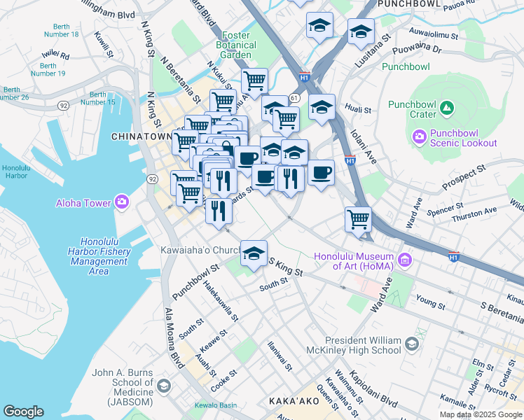 map of restaurants, bars, coffee shops, grocery stores, and more near 415 South Beretania Street in Honolulu