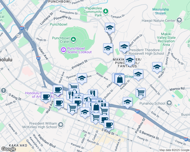 map of restaurants, bars, coffee shops, grocery stores, and more near 1076 Karratti Lane in Honolulu