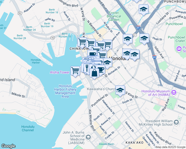 map of restaurants, bars, coffee shops, grocery stores, and more near 737 Bishop Street in Honolulu