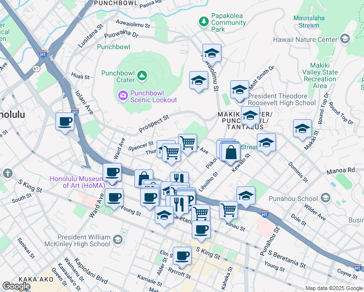 map of restaurants, bars, coffee shops, grocery stores, and more near 1577 Thurston Avenue in Honolulu