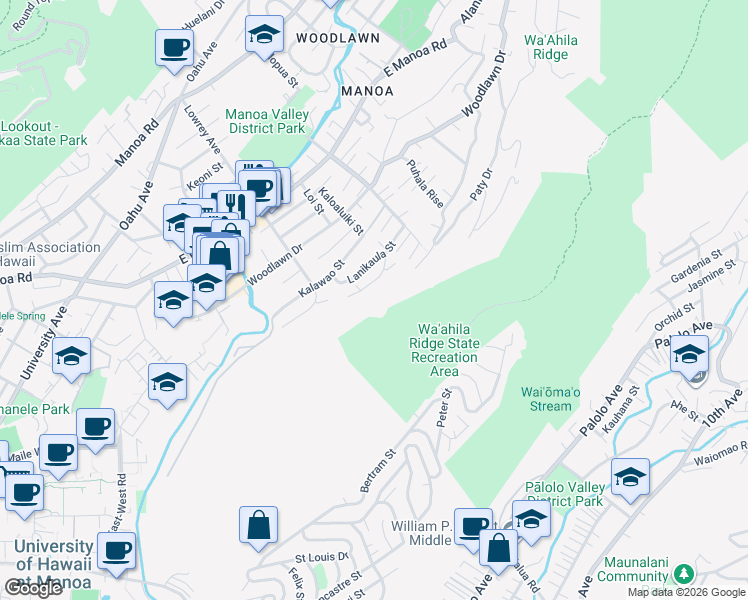 map of restaurants, bars, coffee shops, grocery stores, and more near 3055 Woolsey Place in Honolulu