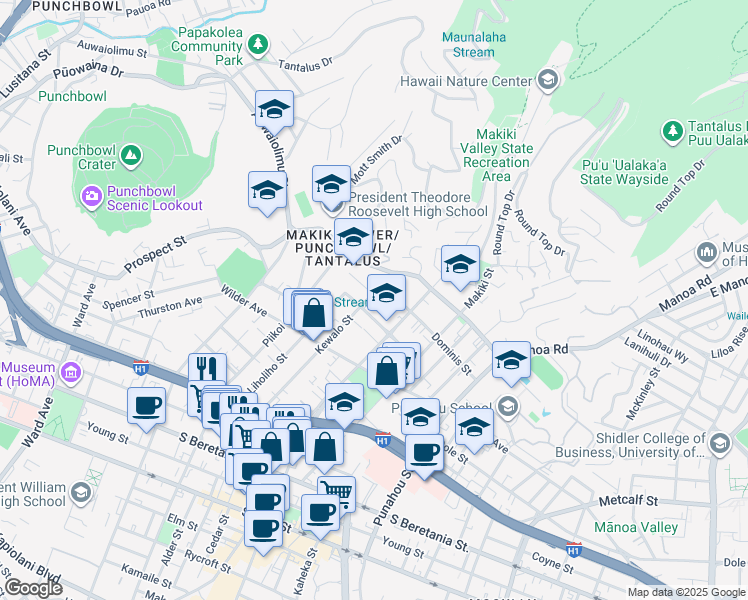 map of restaurants, bars, coffee shops, grocery stores, and more near 1702 Kewalo Street in Honolulu