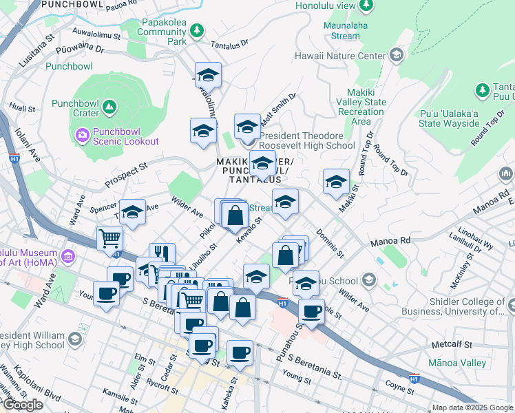 map of restaurants, bars, coffee shops, grocery stores, and more near 1654 Liholiho Street in Honolulu