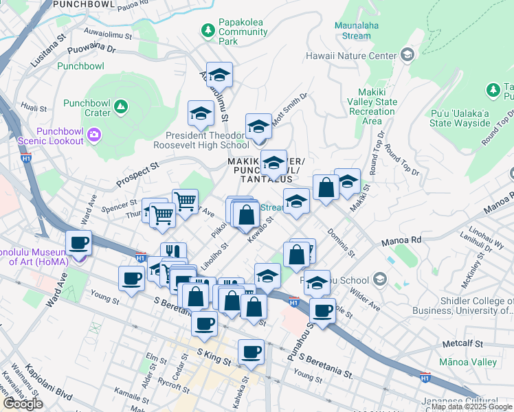 map of restaurants, bars, coffee shops, grocery stores, and more near 1654 Liholiho Street in Honolulu