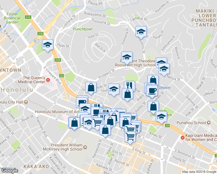 map of restaurants, bars, coffee shops, grocery stores, and more near 1011 Spencer Street in Honolulu
