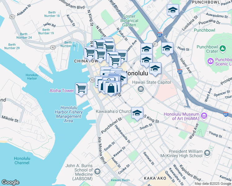 map of restaurants, bars, coffee shops, grocery stores, and more near 195 South King Street in Honolulu