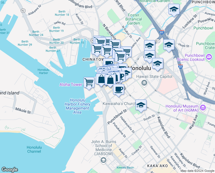 map of restaurants, bars, coffee shops, grocery stores, and more near 737 Bishop Street in Honolulu