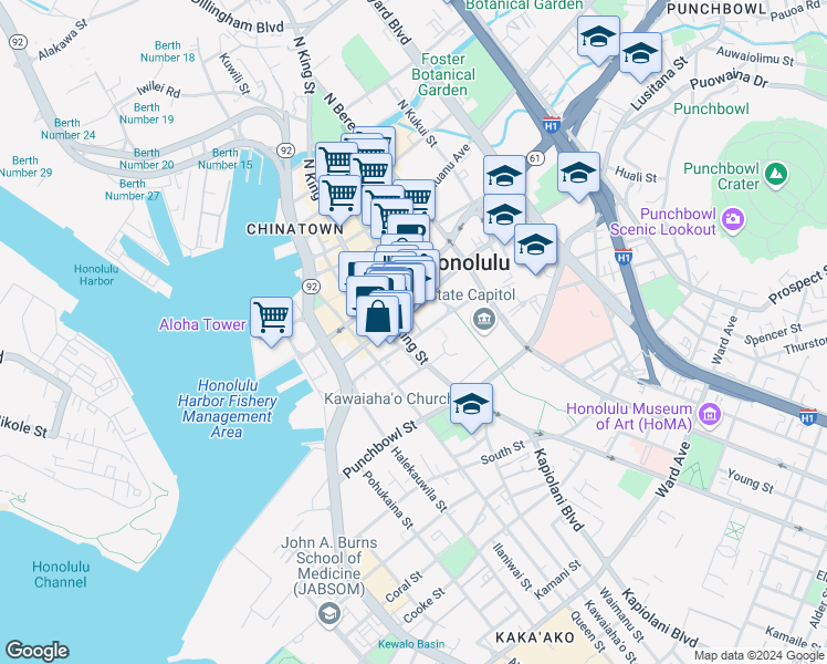 map of restaurants, bars, coffee shops, grocery stores, and more near 250 South King Street in Honolulu