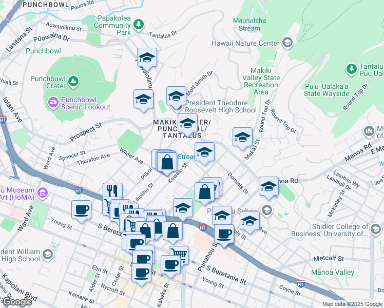 map of restaurants, bars, coffee shops, grocery stores, and more near 1702 Kewalo Street in Honolulu