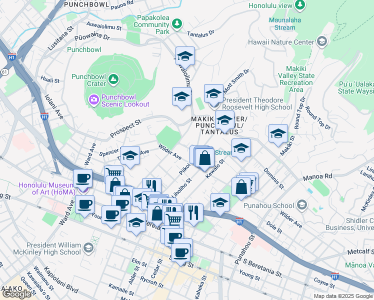 map of restaurants, bars, coffee shops, grocery stores, and more near 1623 Pensacola Street in Honolulu