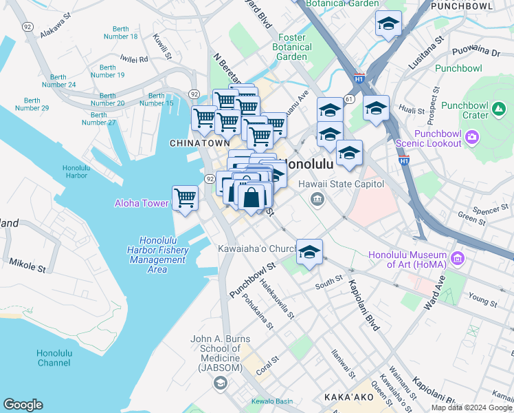 map of restaurants, bars, coffee shops, grocery stores, and more near 195 South King Street in Honolulu