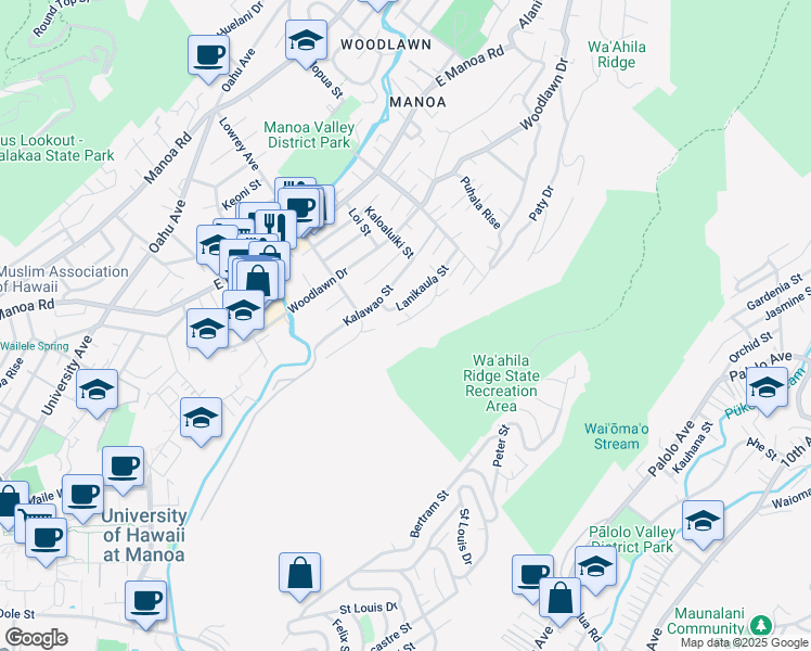 map of restaurants, bars, coffee shops, grocery stores, and more near 3015 Woolsey Place in Honolulu