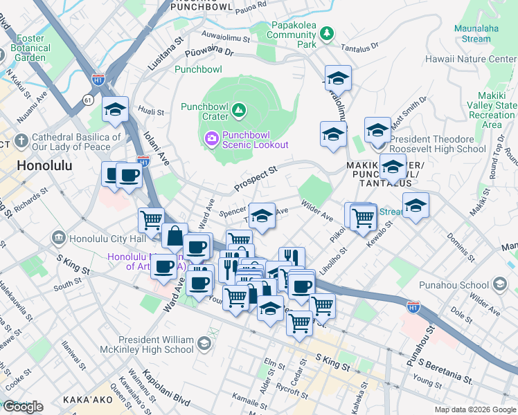 map of restaurants, bars, coffee shops, grocery stores, and more near 1017 Spencer Street in Honolulu