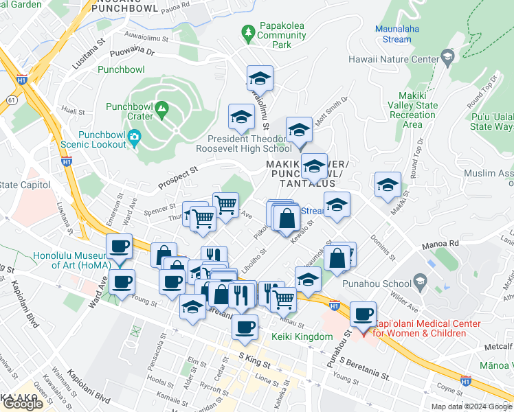 map of restaurants, bars, coffee shops, grocery stores, and more near 1650 Piikoi Street in Honolulu