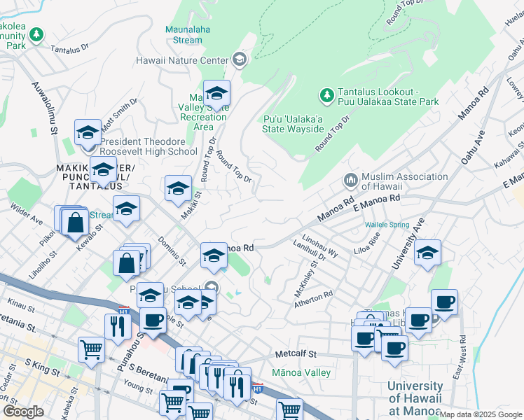 map of restaurants, bars, coffee shops, grocery stores, and more near 1901 Judd Hillside Road in Honolulu