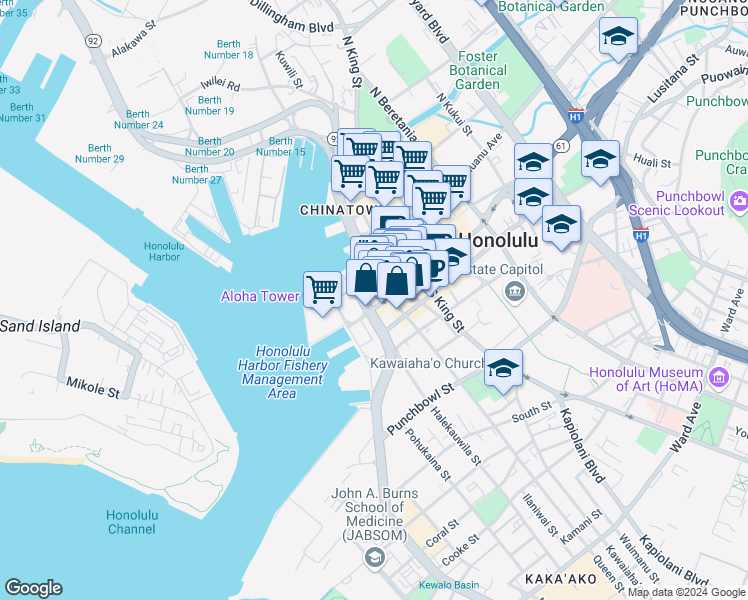 map of restaurants, bars, coffee shops, grocery stores, and more near 700 Bishop Street in Honolulu
