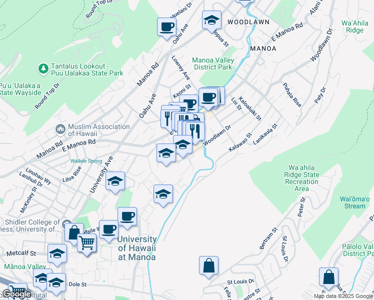 map of restaurants, bars, coffee shops, grocery stores, and more near 2728 Woodlawn Drive in Honolulu