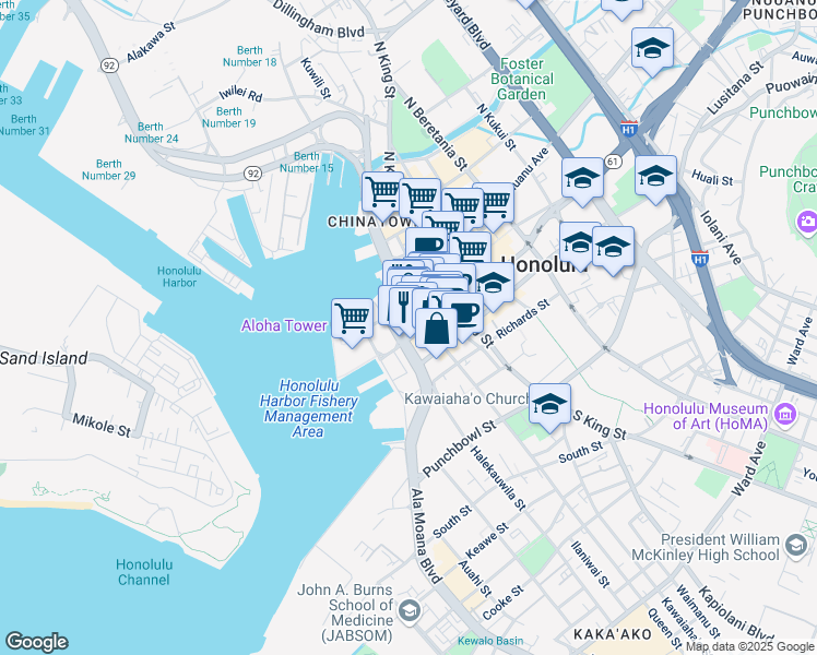 map of restaurants, bars, coffee shops, grocery stores, and more near 700 Bishop Street in Honolulu