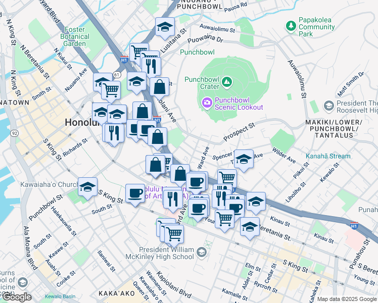 map of restaurants, bars, coffee shops, grocery stores, and more near 732 Green Street in Honolulu