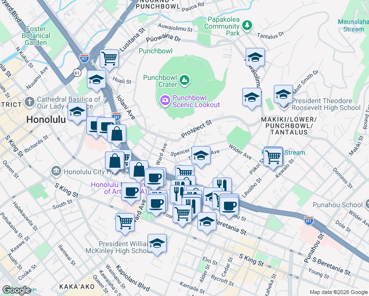 map of restaurants, bars, coffee shops, grocery stores, and more near 948 Spencer Street in Honolulu