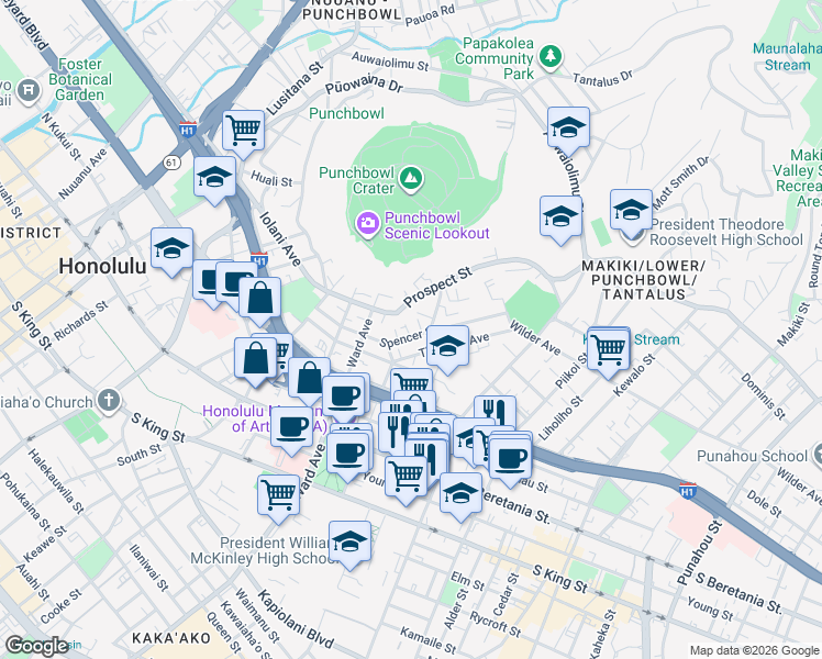 map of restaurants, bars, coffee shops, grocery stores, and more near 968 Spencer Street in Honolulu