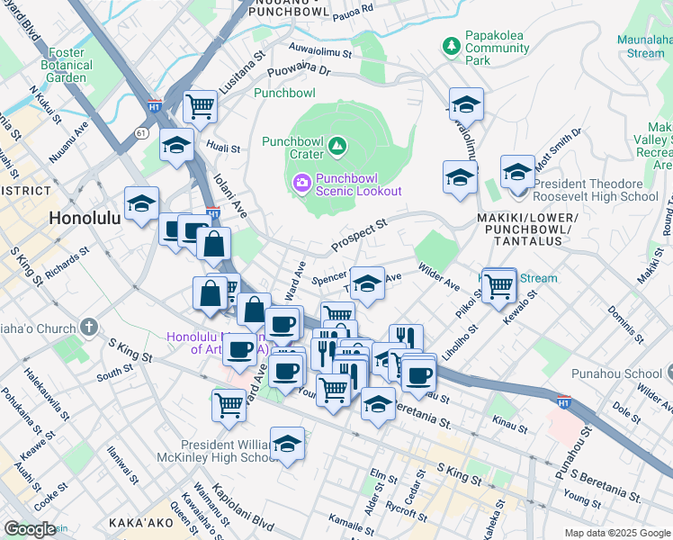 map of restaurants, bars, coffee shops, grocery stores, and more near 948 Spencer Street in Honolulu
