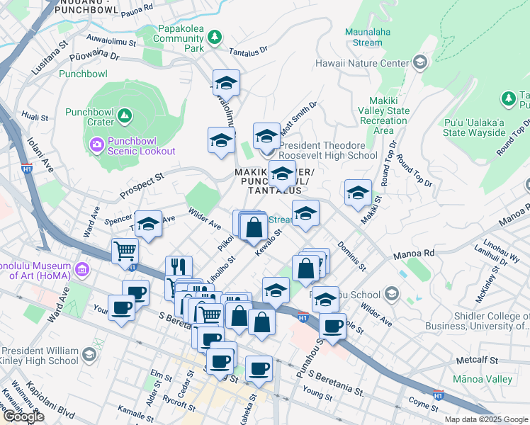 map of restaurants, bars, coffee shops, grocery stores, and more near 1654 Liholiho Street in Honolulu