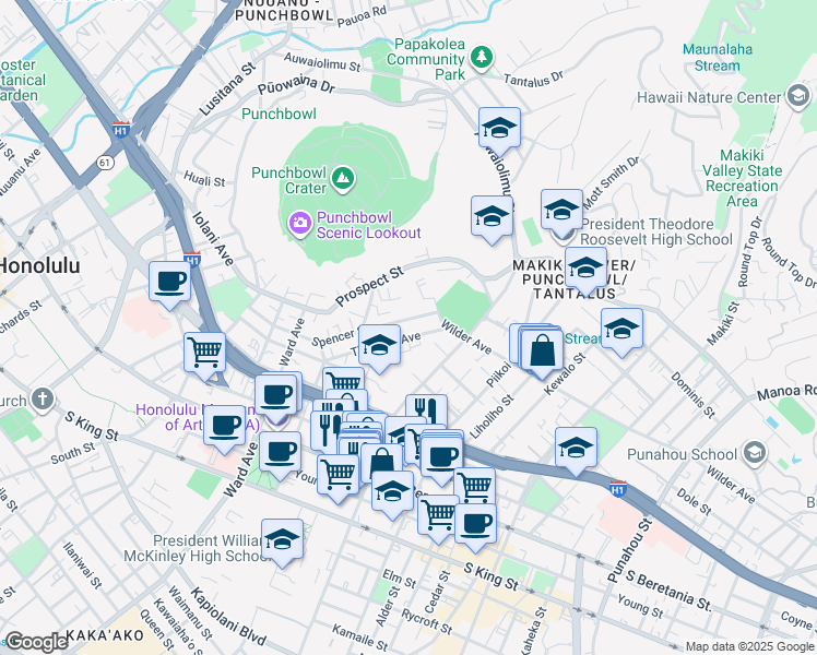 map of restaurants, bars, coffee shops, grocery stores, and more near 1560 Thurston Avenue in Honolulu