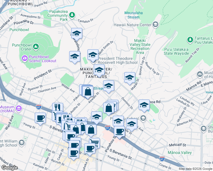 map of restaurants, bars, coffee shops, grocery stores, and more near 1303 Dominis Street in Honolulu