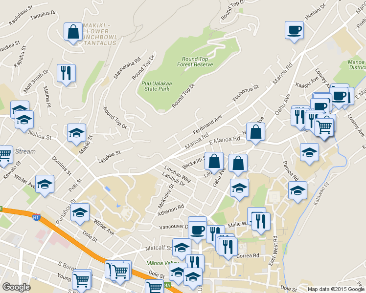 map of restaurants, bars, coffee shops, grocery stores, and more near 2406 Manoa Road in Honolulu