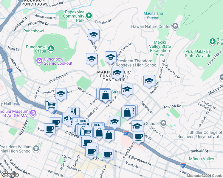 map of restaurants, bars, coffee shops, grocery stores, and more near 1654 Liholiho Street in Honolulu