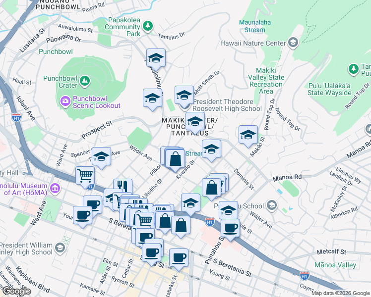 map of restaurants, bars, coffee shops, grocery stores, and more near 1658 Liholiho Street in Honolulu