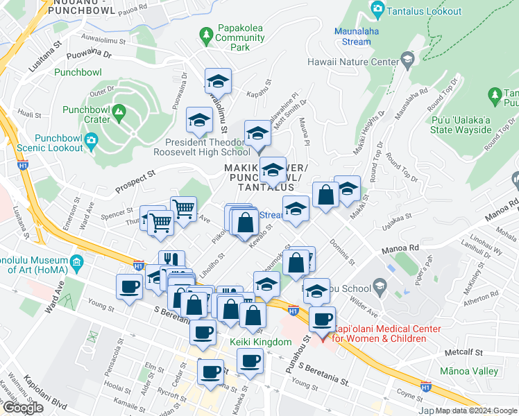 map of restaurants, bars, coffee shops, grocery stores, and more near 1654 Liholiho Street in Honolulu