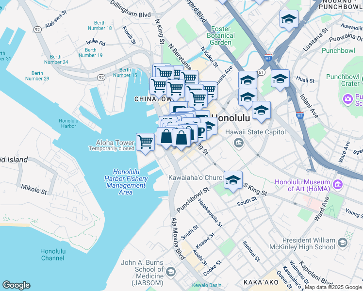 map of restaurants, bars, coffee shops, grocery stores, and more near 841 Bishop Street in Honolulu